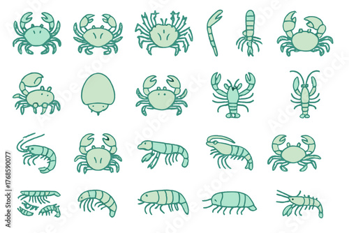 Hand-drawn crustacean species icon set on green gradient background