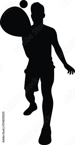 Silhouette of a man juggling multiple balloons in a dynamic pose against a white background