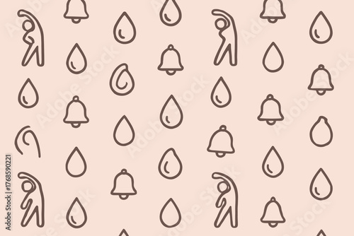 Minimal wellness pattern with stretching figures, water drops, and reminder bells