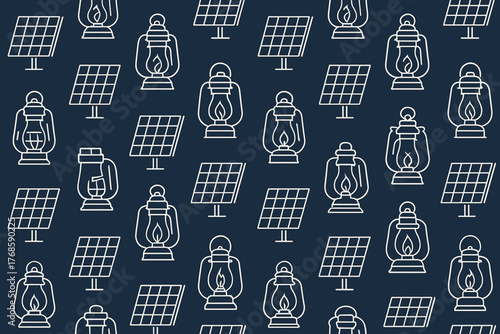 Seamless pattern of solar panels and kerosene lanterns on dark background