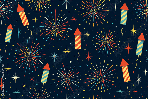 Seamless festive fireworks and rocket pattern on dark night sky background
