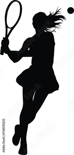 Dynamic silhouette of a female tennis player in action hitting a forehand shot with a tennis ball