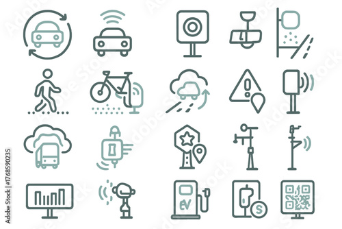 Futuristic transportation and mobility icons on dark metallic background