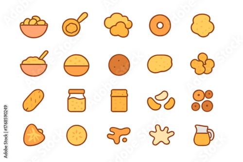 Stylized snack food icons on warm wooden background