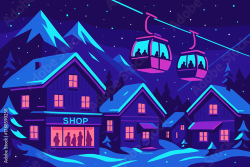 Cozy ski village at night with cable cars and mountain backdrop