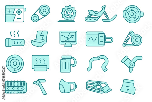 Snowmobile parts and gear icon set in modern teal outline style