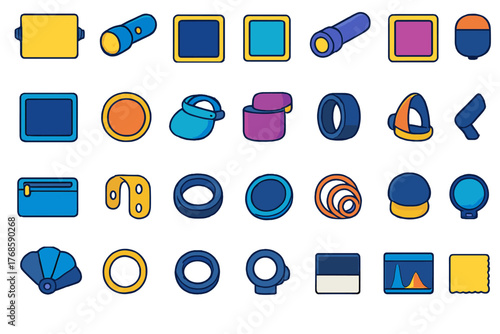 Camera lens filters and photography accessories icon set in vibrant neon style