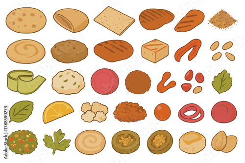 Hand-drawn Middle Eastern and Mediterranean food ingredient icons