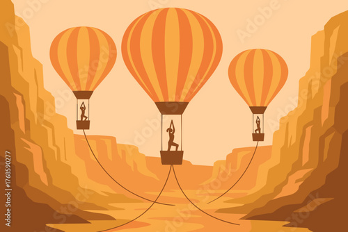 Sunset yoga in hot air balloons over desert canyon landscape