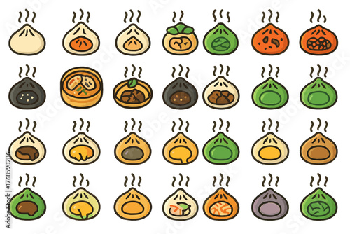 Colorful seamless pattern of cartoon dumplings and dim sum