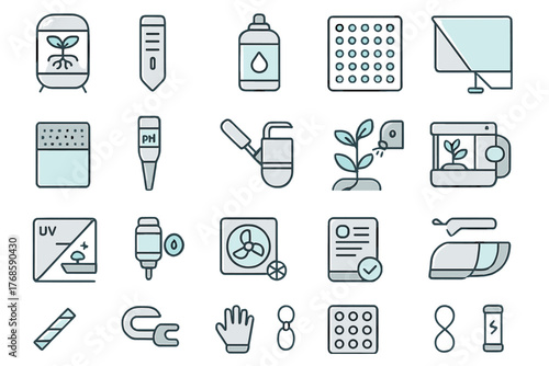 Hydroponics and indoor gardening equipment icon set