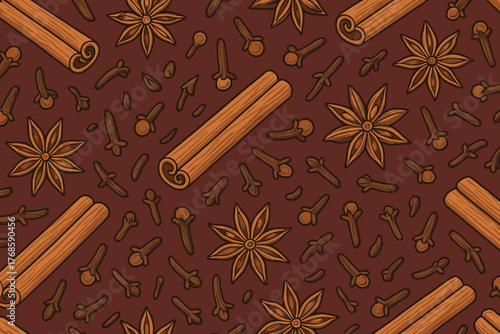 Seamless pattern with cinnamon sticks, star anise, and cloves