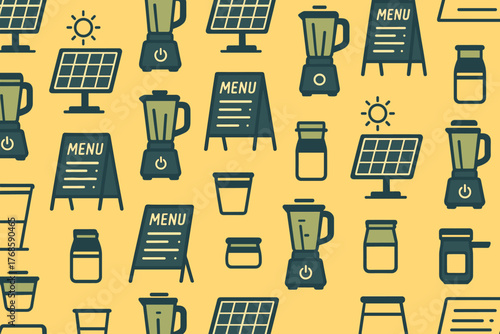 Seamless eco smoothie bar icons with blenders and solar panels
