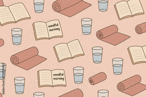 Mindful morning routine pattern with yoga mats and journals