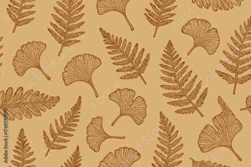 Vintage botanical pattern with ginkgo and fern leaves on parchment background