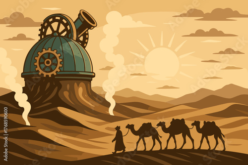 Steampunk observatory dome in desert with camel caravan
