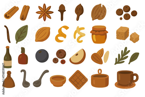 Warm spice, herb, and beverage icon collection