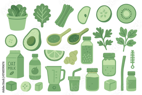 Green smoothie ingredient and utensil icon set