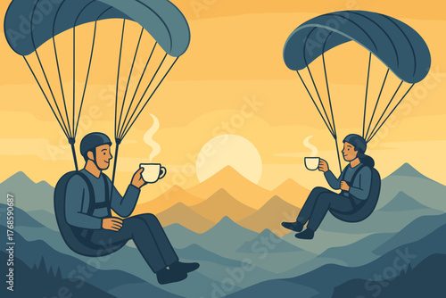 Adventure couple sipping coffee while paragliding at sunrise