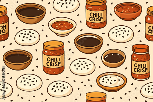 Chili crisp jars and dipping bowls with sesame buns pattern