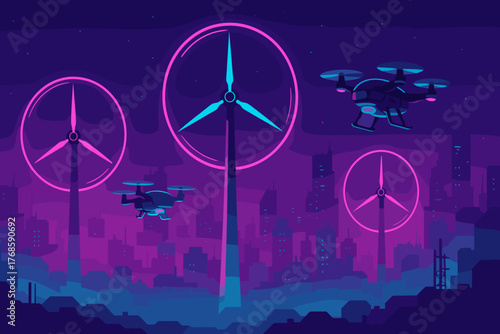 Neon futuristic city with drones and wind turbines at night