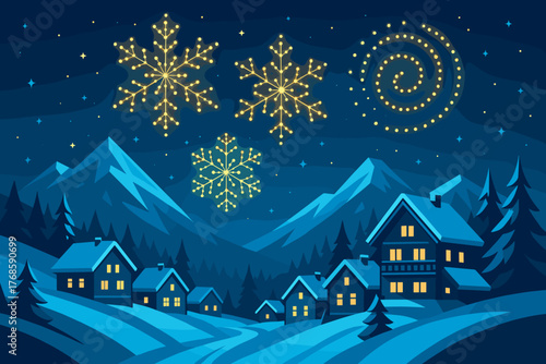 Mountain village winter night with glowing drone snowflake display