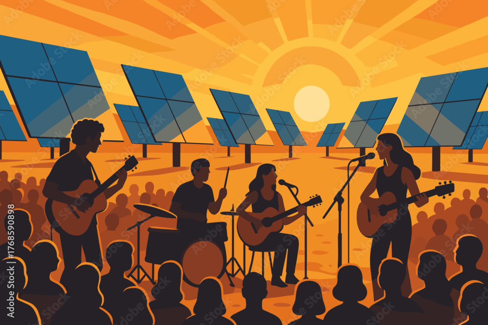 Fototapeta premium Outdoor concert at sunset surrounded by solar panels and crowd