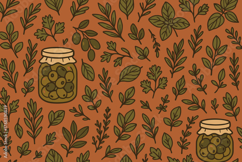 Rustic olive and herb pattern with jars on terracotta background