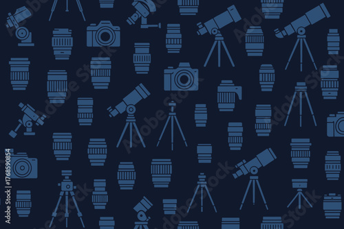 Seamless pattern of cameras, telescopes, and tripods on dark background