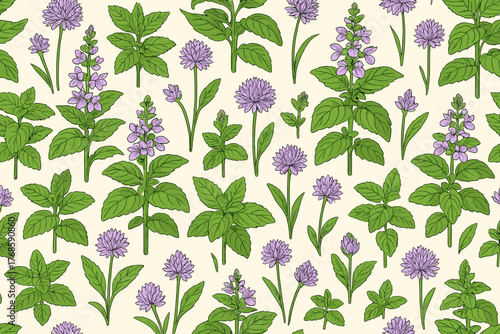 Seamless botanical pattern with mint leaves and purple wildflowers on cream background