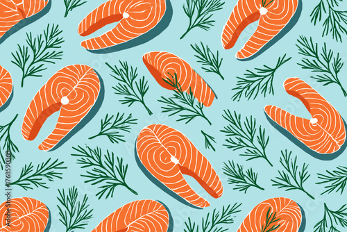 Seamless pattern of salmon steaks with dill on blue background