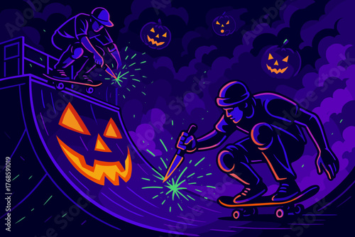 Halloween-themed skateboarders with sparklers on spooky ramp
