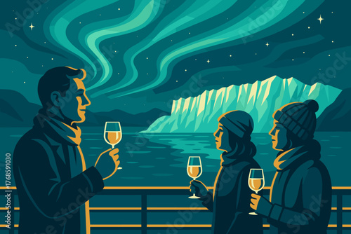 Stylized travelers watching northern lights with wine by glacier