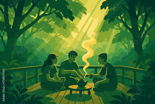Three friends sharing tea on a forest deck in morning light