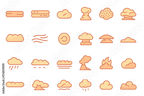 Set of orange glowing cloud and atmospheric condition icons