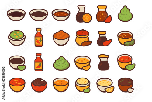 Colorful condiment shelf pattern with sauces, dips, and spices