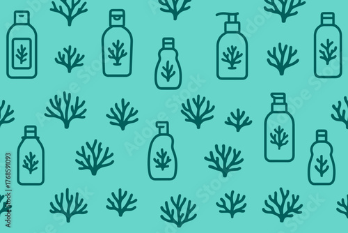 Seamless pattern of cosmetic bottles with seaweed on turquoise background