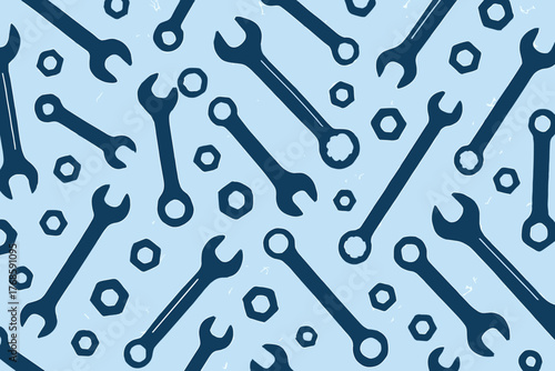 Seamless pattern of wrenches and bolts on textured background