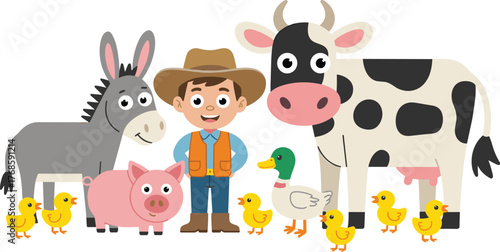 Cartoon farmer with farm animals, pig, cow, donkey, duck, chicks, agriculture scene, rural life, children illustration, livestock, barnyard setting
