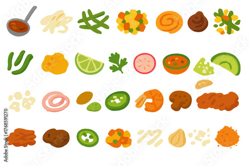 Colorful hand-drawn icons of food toppings and ingredients