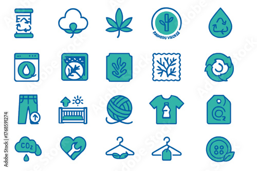 Set of sustainable fashion and eco textile icons in blue-green