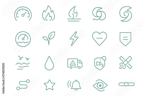 Set of glowing eco and utility icons on teal metallic background