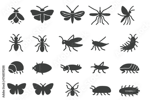 Set of black insect silhouette icons on dark metallic background