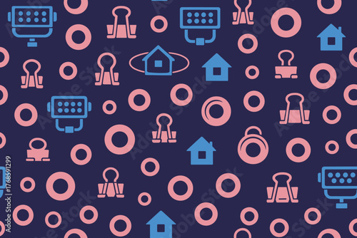 Seamless pattern with binder clips, houses, and lights in flat style