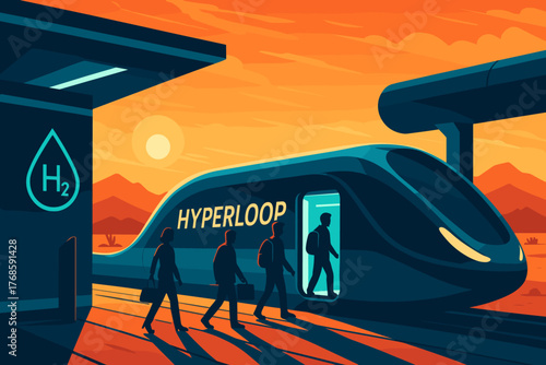 Passengers boarding hydrogen-powered hyperloop pod at sunset