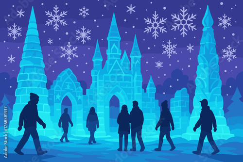 People visiting winter ice castle at night illustration