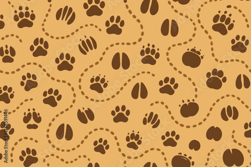 Seamless animal footprints pattern on tan background