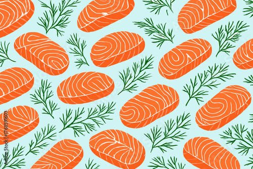 Seamless pattern of salmon steaks and dill sprigs on light blue background