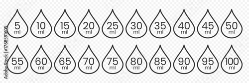 ml volume from 5 ml to 100 ml label vector design. Liquid measurement drop outline icon set. Skincare packaging dosage. Droplet labeled for packaging