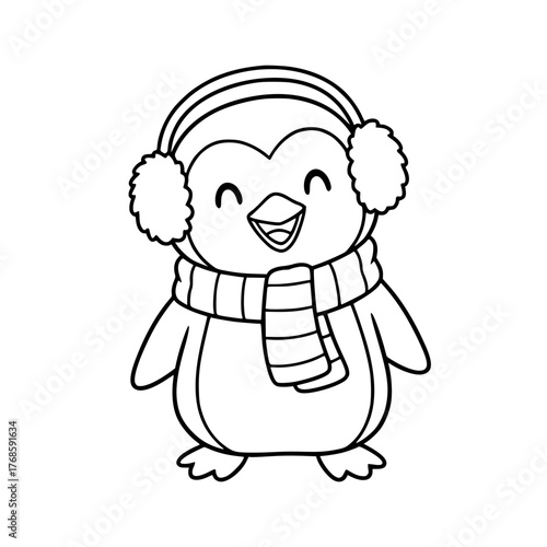 Cute penguin wearing earmuffs and scarf in funny pose, simple winter coloring page for toddlers Generative AI